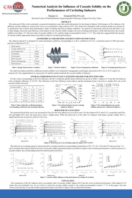 Numerical Analysis for Influence of Cascade Solidity on the Performances of Cavitating Inducers Xiaojun Li Research Center of Fluid.