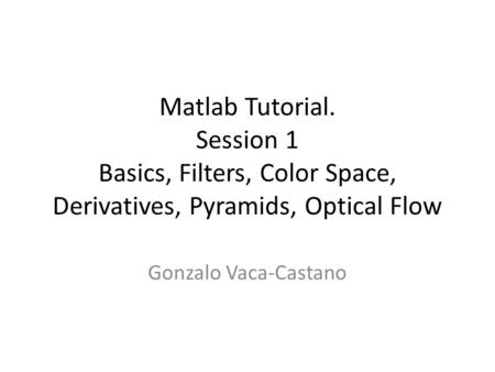 Matlab Tutorial. Session 1 Basics, Filters, Color Space, Derivatives, Pyramids, Optical Flow Gonzalo Vaca-Castano.