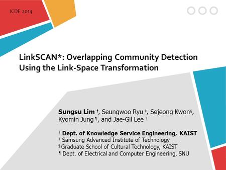 ICDE 2014 LinkSCAN*: Overlapping Community Detection Using the Link-Space Transformation Sungsu Lim †, Seungwoo Ryu ‡, Sejeong Kwon§, Kyomin Jung ¶, and.