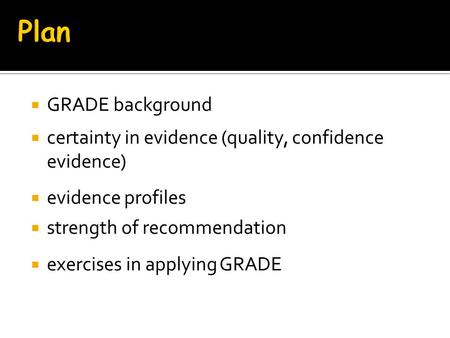 Plan GRADE background certainty in evidence (quality, confidence evidence) evidence profiles strength of recommendation exercises in applying GRADE.