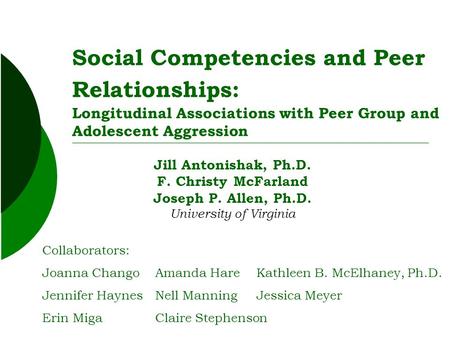 Social Competencies and Peer Relationships: Longitudinal Associations with Peer Group and Adolescent Aggression Jill Antonishak, Ph.D. F. Christy McFarland.