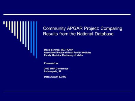 Community APGAR Project: Comparing Results from the National Database David Schmitz, MD, FAAFP Associate Director of Rural Family Medicine Family Medicine.