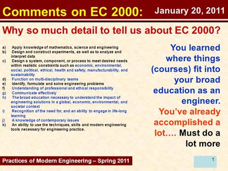 1 Comments on EC 2000: Why so much detail to tell us about EC 2000? Practices of Modern Engineering – Spring 2011 You learned where things (courses) fit.