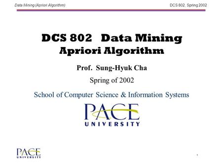 Data Mining (Apriori Algorithm)DCS 802, Spring 2002 1 DCS 802 Data Mining Apriori Algorithm Spring of 2002 Prof. Sung-Hyuk Cha School of Computer Science.