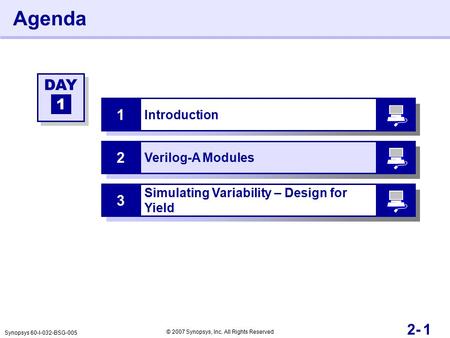 12- Agenda Introduction 1 Verilog-A Modules 2 DAY 1 Synopsys 60-I-032-BSG-005 © 2007 Synopsys, Inc. All Rights Reserved Simulating Variability – Design.