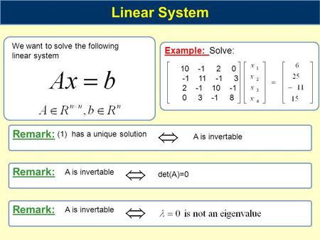 Linear System Remark: Remark: Remark: Example: Solve: