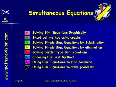 13-Apr-15Created by Mr. Lafferty Maths Department Solving Sim. Equations Graphically Solving Simple Sim. Equations by Substitution Simultaneous Equations.