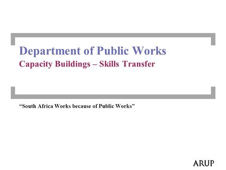 “South Africa Works because of Public Works” Department of Public Works Capacity Buildings – Skills Transfer.