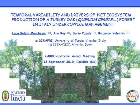 TEMPORAL VARIABILITY AND DRIVERS OF NET ECOSYSTEM PRODUCTION OF A TURKEY OAK (QUERCUS CERRIS L.) FOREST IN ITALY UNDER COPPICE MANAGEMENT Luca Belelli.