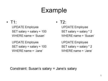 Example T1: T2: Constraint: Susan’s salary = Jane’s salary