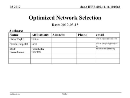 Doc.: IEEE 802.11-11/1015r3 Submission 03 2012 Slide 1 Optimized Network Selection Date: 2012-03-15 Authors: