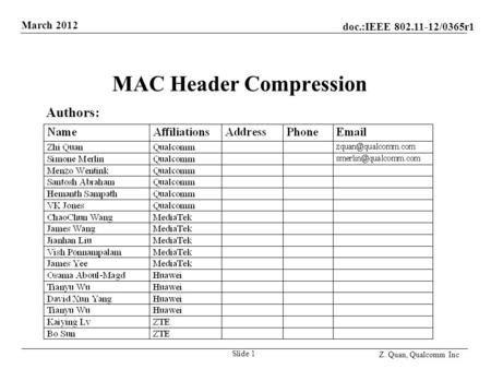 Doc.:IEEE 802.11-12/0365r1 March 2012 Z. Quan, Qualcomm Inc MAC Header Compression Slide 1 Authors: