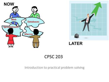 CPSC 203 Introduction to practical problem solving Spreadsheets Web Macros Databases NOW LATER.