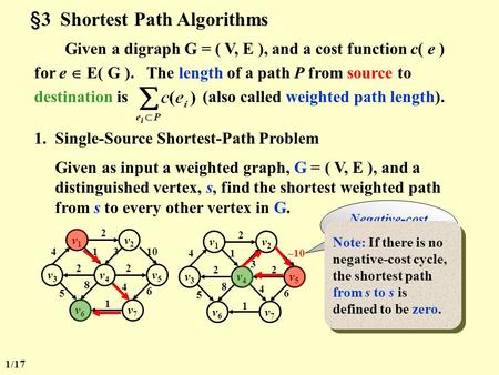 §3 Shortest Path Algorithms Given a digraph G = ( V, E ), and a cost function c( e ) for e  E( G ). The length of a path P from source to destination.