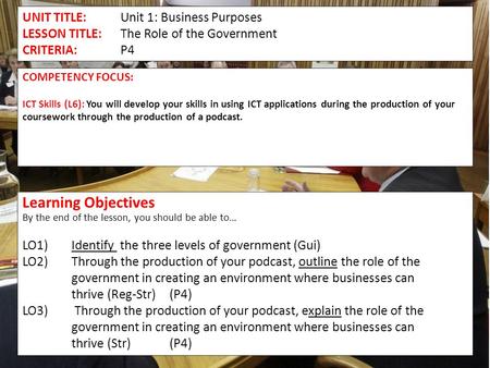 UNIT TITLE:Unit 1: Business Purposes LESSON TITLE:The Role of the Government CRITERIA: P4 COMPETENCY FOCUS: ICT Skills (L6): You will develop your skills.