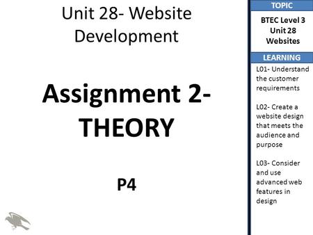 TOPIC LEARNING BTEC Level 3 Unit 28 Websites L01- Understand the customer requirements L02- Create a website design that meets the audience and purpose.