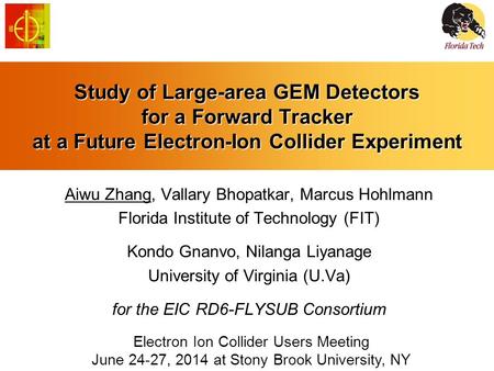 Study of Large-area GEM Detectors for a Forward Tracker at a Future Electron-Ion Collider Experiment Aiwu Zhang, Vallary Bhopatkar, Marcus Hohlmann Florida.