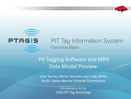 P4 Tagging Software and MRR Data Model Preview John Tenney, Nicole Tancreto and Craig White Pacific States Marine Fisheries Commission A Presentation for.