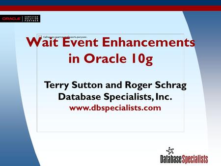 1 Wait Event Enhancements in Oracle 10g Terry Sutton and Roger Schrag Database Specialists, Inc. www.dbspecialists.com.