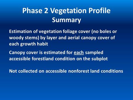 Estimation of vegetation foliage cover (no boles or woody stems) by layer and aerial canopy cover of each growth habit Phase 2 Vegetation Profile Summary.
