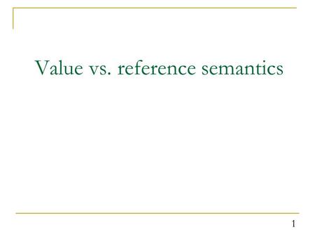 1 Value vs. reference semantics. Recall: Value semantics value semantics: Behavior where variables are copied when assigned to each other or passed as.