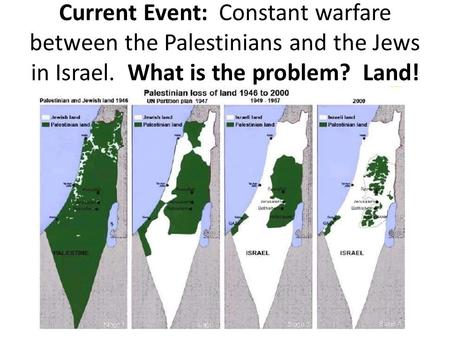 Current Event: Constant warfare between the Palestinians and the Jews in Israel. What is the problem? Land!