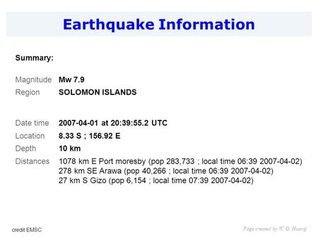 Earthquake Information Page created by W. G. Huang Summary: MagnitudeMw 7.9 RegionSOLOMON ISLANDS Date time2007-04-01 at 20:39:55.2 UTC Location8.33 S.