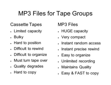 MP3 Files for Tape Groups Cassette Tapes ● Limited capacity ● Bulky ● Hard to position ● Difficult to rewind ● Difficult to organize ● Must turn tape over.