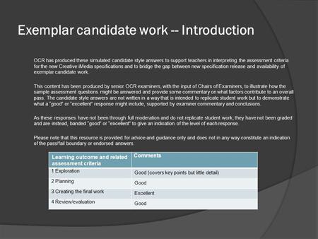 Exemplar candidate work -- Introduction OCR has produced these simulated candidate style answers to support teachers in interpreting the assessment criteria.
