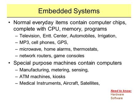 Embedded Systems Normal everyday items contain computer chips, complete with CPU, memory, programs Television, Entt. Center, Automobiles, Irrigation, MP3,