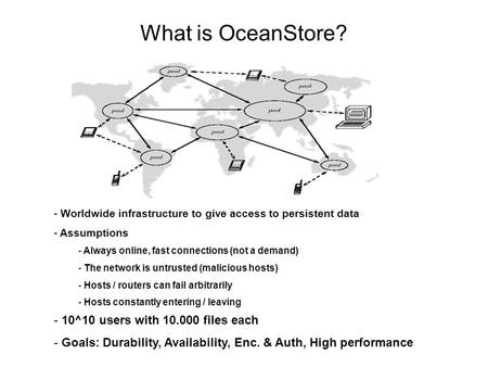 What is OceanStore? - 10^10 users with 10.000 files each - Goals: Durability, Availability, Enc. & Auth, High performance - Worldwide infrastructure to.