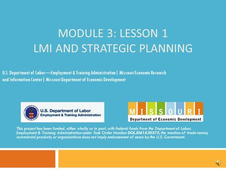 MODULE 3: LESSON 1 LMI AND STRATEGIC PLANNING This project has been funded, either wholly or in part, with Federal funds from the Department of Labor,