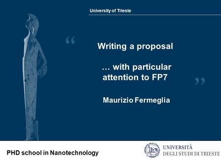 University of Trieste PHD school in Nanotechnology Writing a proposal … with particular attention to FP7 Maurizio Fermeglia.