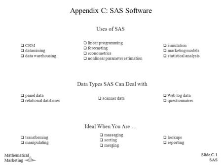 Slide C.1 SAS MathematicalMarketing Appendix C: SAS Software Uses of SAS  CRM  datamining  data warehousing  linear programming  forecasting  econometrics.