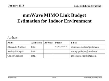 mmWave MIMO Link Budget Estimation for Indoor Environment