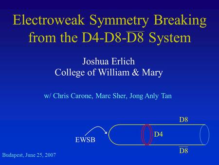 Electroweak Symmetry Breaking from the D4-D8-D8 System Joshua Erlich College of William & Mary Budapest, June 25, 2007 w/ Chris Carone, Marc Sher, Jong.