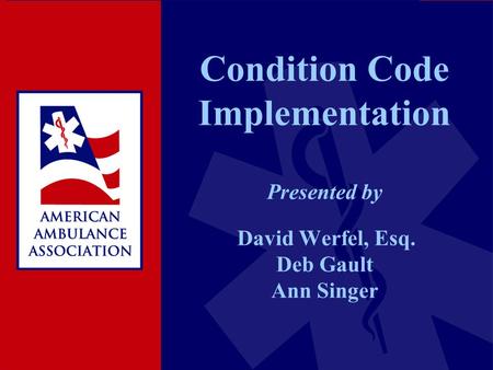 Condition Code Implementation Presented by David Werfel, Esq. Deb Gault Ann Singer.
