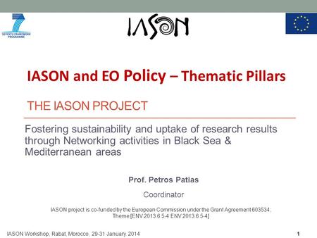 THE IASON PROJECT Fostering sustainability and uptake of research results through Networking activities in Black Sea & Mediterranean areas Prof. Petros.