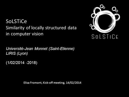 SoLSTiCe Similarity of locally structured data in computer vision Université-Jean Monnet (Saint-Etienne) LIRIS (Lyon) (1/02/2014 -2018) Elisa Fromont,