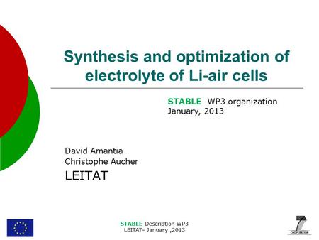 STABLE Description WP3 LEITAT– January,2013 Synthesis and optimization of electrolyte of Li-air cells David Amantia Christophe Aucher LEITAT STABLE WP3.