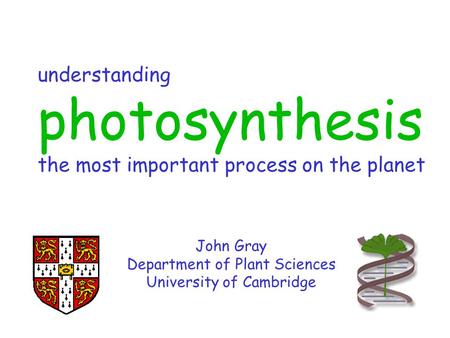 Understanding photosynthesis the most important process on the planet John Gray Department of Plant Sciences University of Cambridge.