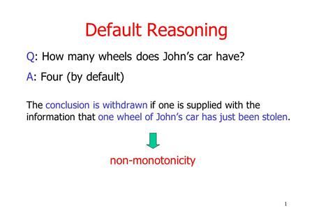 1 Default Reasoning Q: How many wheels does John’s car have? A: Four (by default) The conclusion is withdrawn if one is supplied with the information that.