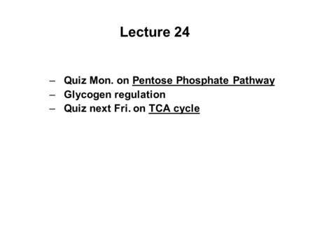 Lecture 24 –Quiz Mon. on Pentose Phosphate Pathway –Glycogen regulation –Quiz next Fri. on TCA cycle.