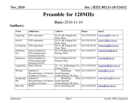 Preamble for 120MHz Date: Authors: Nov, 2010 Month Year