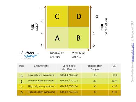 ABCDABCD mMRC < 2 CAT 2 CAT >10 43214321 1010 >2>2 RISK GOLD RISK Exacerbation TypeCharatteristicSpirometric classification Exacerbation Per.