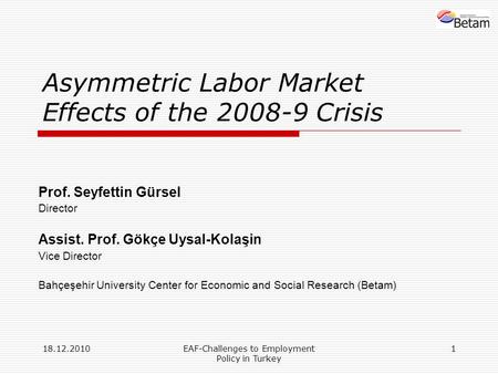 18.12.2010EAF-Challenges to Employment Policy in Turkey 1 Asymmetric Labor Market Effects of the 2008-9 Crisis Prof. Seyfettin Gürsel Director Assist.