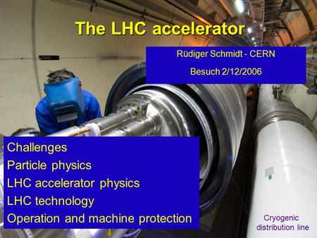 Rüdiger Schmidt - Dezember 20061 The LHC accelerator Rüdiger Schmidt - CERN Besuch 2/12/2006 Challenges Particle physics LHC accelerator physics LHC technology.
