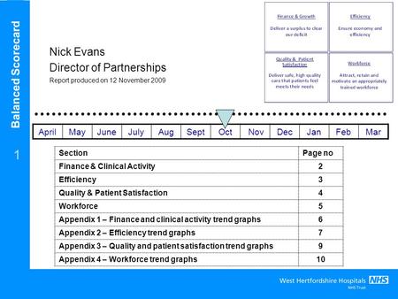 Balanced Scorecard 1 Nick Evans Director of Partnerships Report produced on 12 November 2009 SectionPage no Finance & Clinical Activity2 Efficiency3 Quality.
