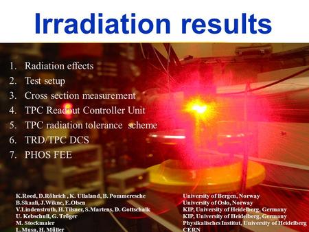 Irradiation results K.Røed, D.Röhrich, K. Ullaland, B. Pommeresche University of Bergen, Norway B.Skaali, J.Wikne, E.Olsen University of Oslo, Norway V.Lindenstruth,