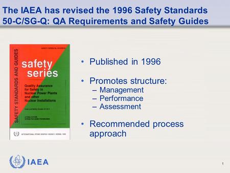 IAEA 1 The IAEA has revised the 1996 Safety Standards 50-C/SG-Q: QA Requirements and Safety Guides Published in 1996 Promotes structure: –Management –Performance.